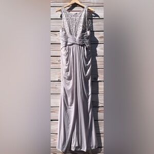 David's Bridal Beige Evening Gown Lace Bodice Chiffon Draped Skirt